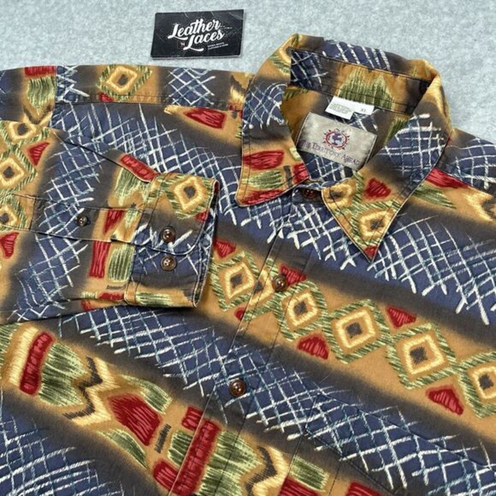 Vintage Territory Ahead Shirt Mens XL Aztec Southwestern Pattern Long Sleeve